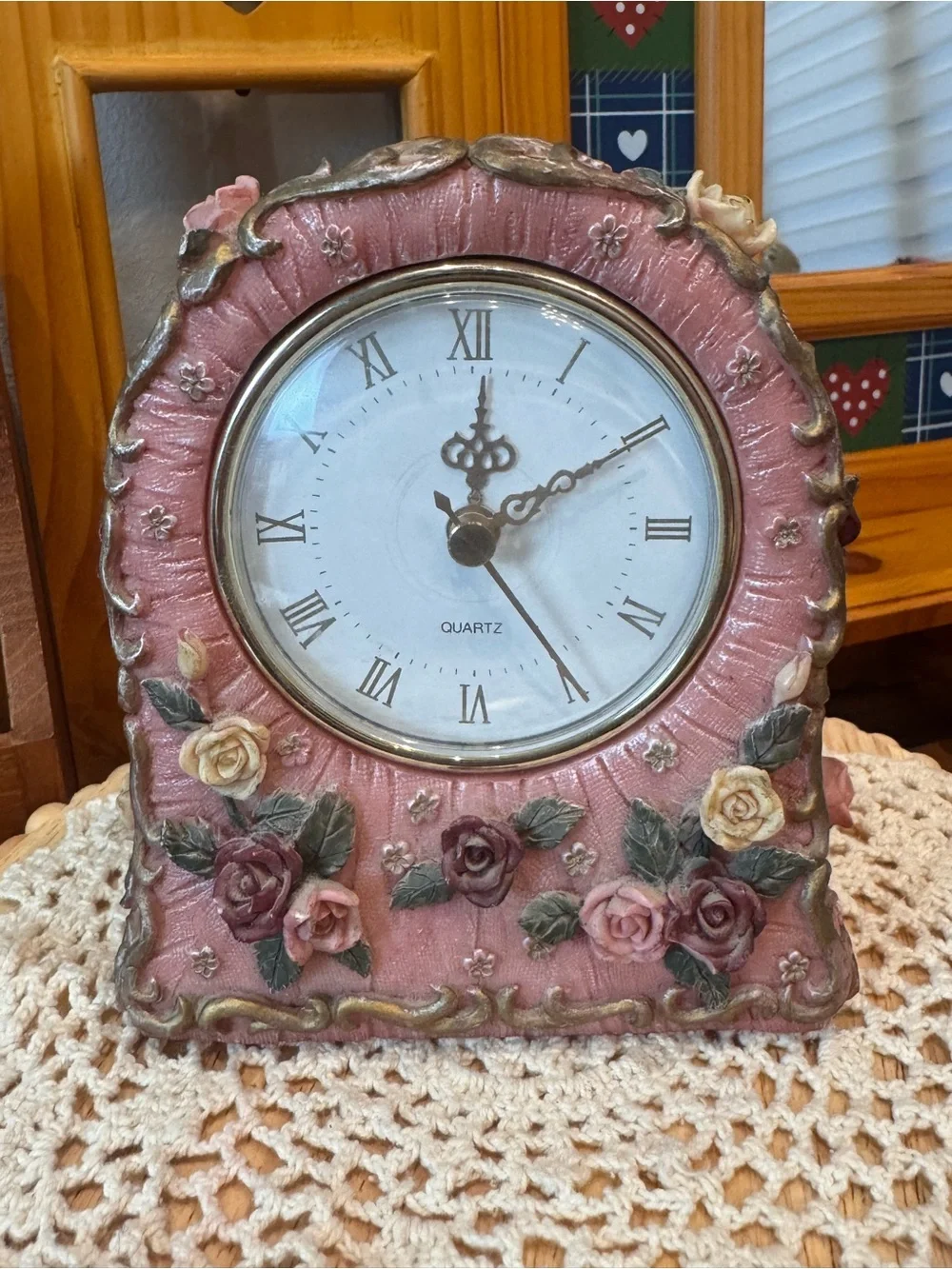 Vintage-Style Pink Floral Quartz Mantel Clock cottage core